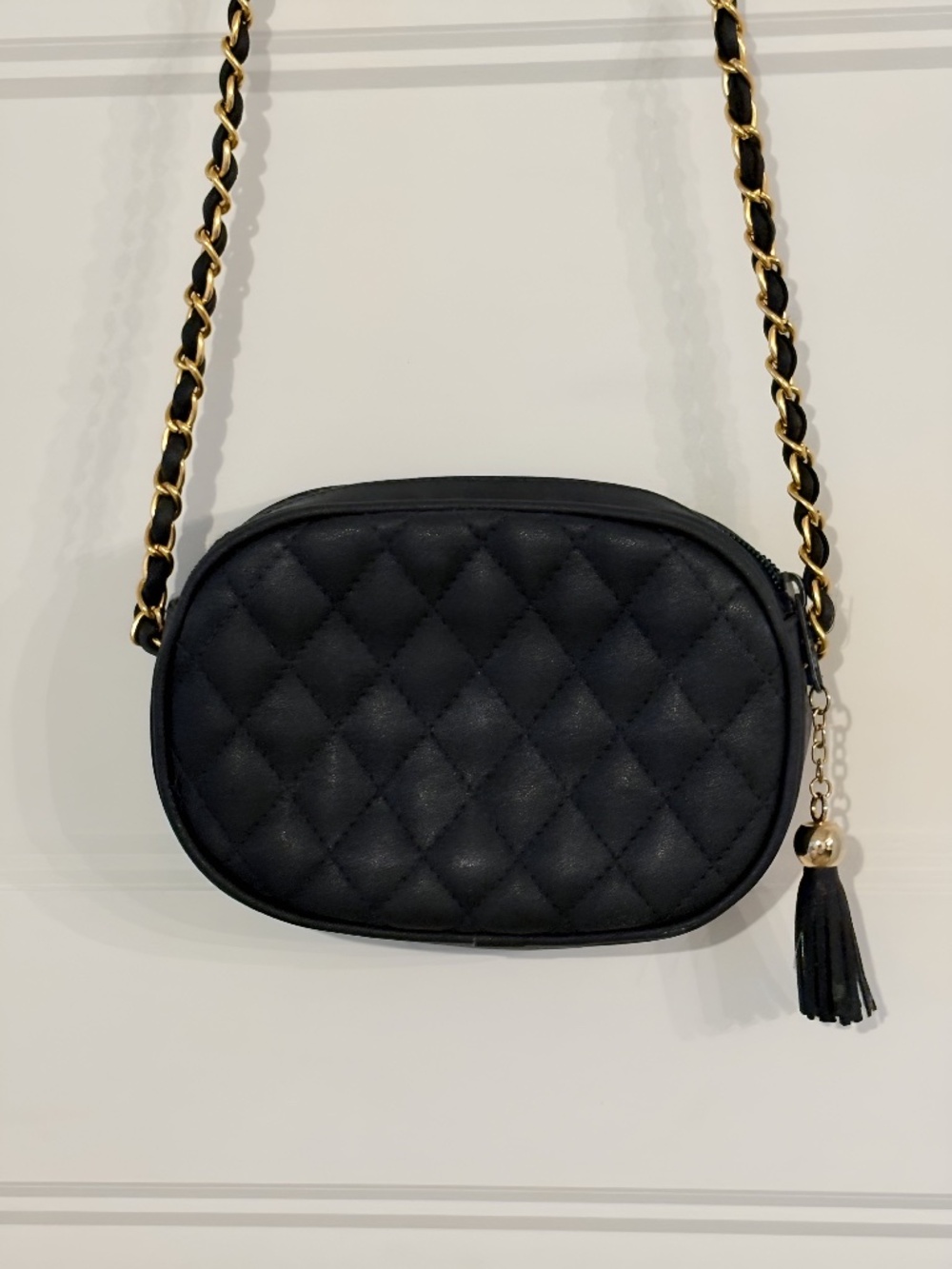 Vintage Navy Quilted Crossbody Bag with Gold Chain & Tassel